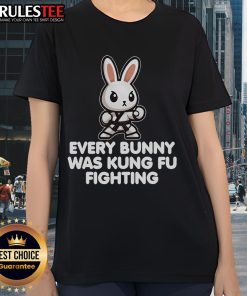 Alt Text: Cute bunny in a martial arts pose on a women's tee, showcasing the fun design 'Every Bunny Was Kung Fu Fighting'.