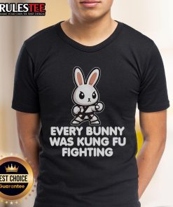 Cute Every Bunny Was Kung Fu Fighting T-Shirt featuring a funny cartoon rabbit in martial arts pose, perfect for animal lovers.