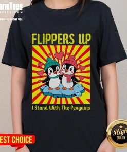 Adorable ladies' tee featuring penguins with flippers up, perfect for animal lovers and casual wear.
