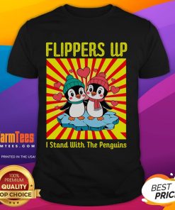 Alt Text: Cute flippers up I stand with the penguins t-shirt featuring playful penguin graphics and vibrant colors.