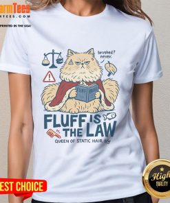 Alt Text: Cute fluffy cat with static hair on a ladies tee, showcasing the fun design Fluff Is The Law. Perfect for cat lovers!