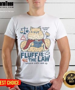 Cute fluffy cat with static hair on a t-shirt reading 'Fluff Is The Law' - perfect for cat lovers.