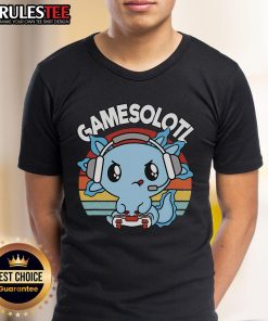 Adorable Gamesolotl axolotl in gaming gear against a vintage sunset, perfect for gamers and axolotl lovers.