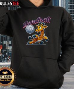 Alt Text: Cute giraffe sports fan in a handball-themed cartoon hoodie, showcasing a playful and colorful design for animal lovers.