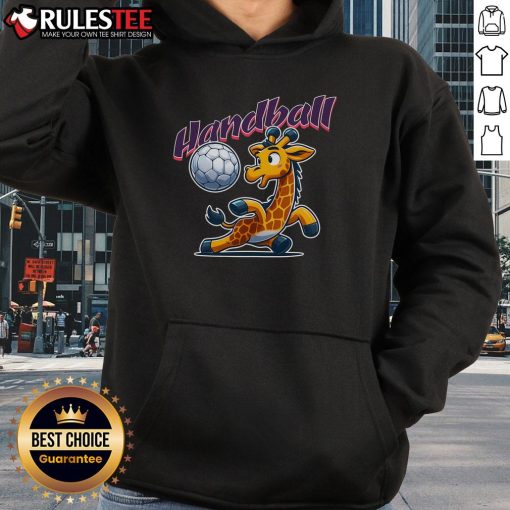 Alt Text: Cute giraffe sports fan in a handball-themed cartoon hoodie, showcasing a playful and colorful design for animal lovers.