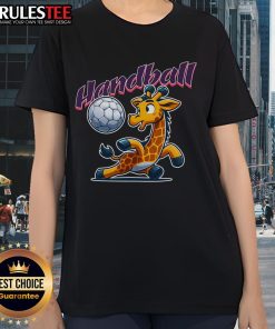 Adorable cartoon giraffe in a handball jersey, perfect for sports fan ladies tee. Cute and playful design for handball lovers.