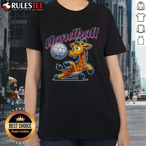 Adorable cartoon giraffe in a handball jersey, perfect for sports fan ladies tee. Cute and playful design for handball lovers.