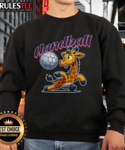 Alt Text: Cartoon sweatshirt featuring a cute giraffe as a handball sports fan, perfect for animal lovers and sports enthusiasts.
