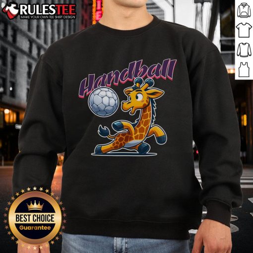 Alt Text: Cartoon sweatshirt featuring a cute giraffe as a handball sports fan, perfect for animal lovers and sports enthusiasts.
