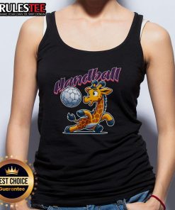 Cute giraffe wearing a handball sports fan tank top, showcasing playful enthusiasm for the game in a cartoon style.