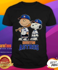 Alt Text: Cute Houston Astros Charlie Brown and Snoopy baseball cartoon fan T-shirt design featuring vibrant colors and playful graphics.