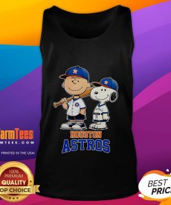 Alt Text: Cute Houston Astros Charlie Brown and Snoopy baseball cartoon fan tank top for sports enthusiasts and cartoon lovers.