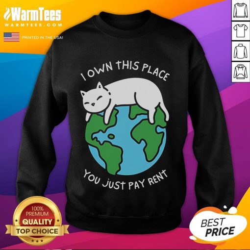 Cute 'I Own This Place, You Just Pay Rent' sweatshirt displayed on a colorful background, perfect for cozy style.