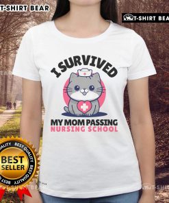 Alt Text: Cute cat nurse graphic on a tee shirt celebrating I Survived Mom Passing Nursing School for nursing students.