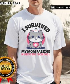 Alt Text: Cute cat nurse t-shirt with I Survived Mom Passing Nursing School design, perfect for proud nursing students.