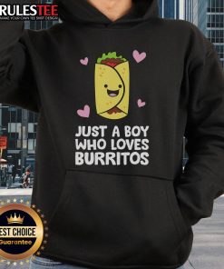 Cute boy wearing a 'Just A Boy Who Loves Burritos' hoodie, smiling happily with a burrito in hand.