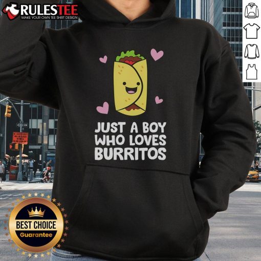 Cute boy wearing a 'Just A Boy Who Loves Burritos' hoodie, smiling happily with a burrito in hand.