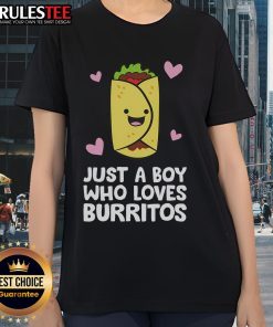 Cute just a boy who loves burritos ladies tee featuring a fun graphic design of a boy and burritos.