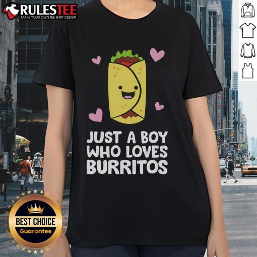 Cute just a boy who loves burritos ladies tee featuring a fun graphic design of a boy and burritos.