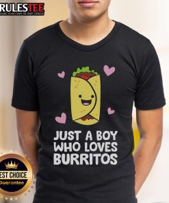 Alt Text: Cute boy wearing a Just A Boy Who Loves Burritos T-shirt, showcasing his love for burritos and fun style.