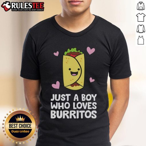 Alt Text: Cute boy wearing a Just A Boy Who Loves Burritos T-shirt, showcasing his love for burritos and fun style.