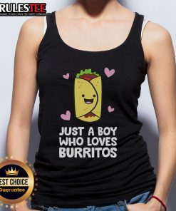 Alt Text: Cute boy wearing a tank top that says 'Just a Boy Who Loves Burritos' with a cheerful smile.