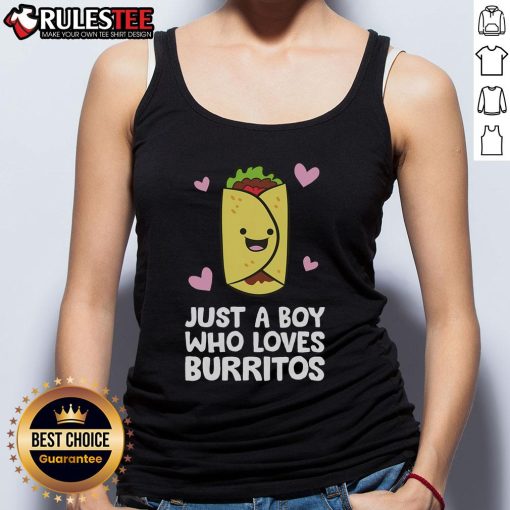Alt Text: Cute boy wearing a tank top that says 'Just a Boy Who Loves Burritos' with a cheerful smile.