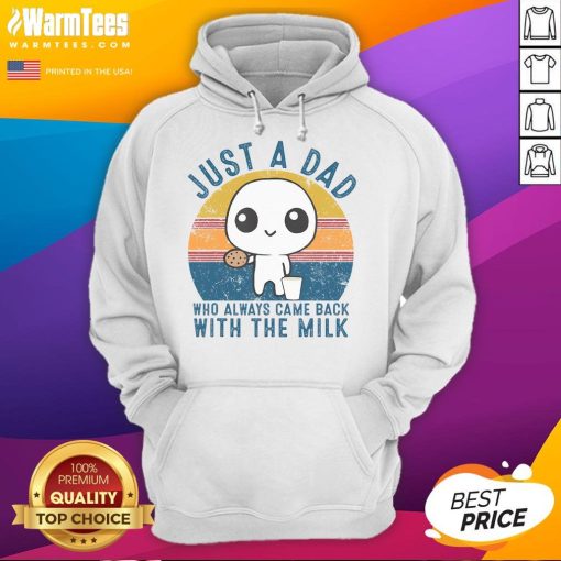 Alt Text: Cute 'Just a Dad Who Always Came Back with the Milk' sunset hoodie, perfect gift for dads who love humor and style.