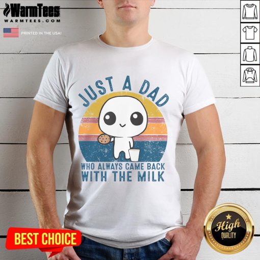 Alt Text: Cute 'Just A Dad Who Always Came Back With The Milk' T-Shirt design featuring a sunset backdrop, perfect for dads.