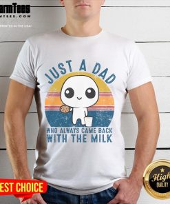 Alt Text: Cute 'Just A Dad Who Always Came Back With The Milk' T-Shirt design featuring a sunset backdrop, perfect for dads.