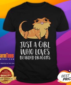 Alt Text: Cute t-shirt design featuring the phrase Just A Girl Who Loves Bearded Dragons with a colorful lizard graphic.