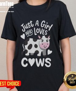 Cute just a girl who loves cows ladies tee featuring a playful cow graphic and stylish font.