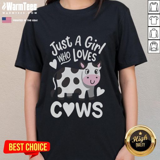 Cute just a girl who loves cows ladies tee featuring a playful cow graphic and stylish font.