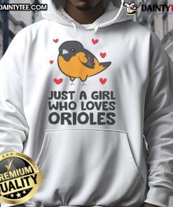 Alt Text: Cute hoodie design featuring a girl with an Orioles theme, perfect for fans who love baseball and stylish apparel.