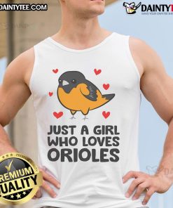 Alt Text: Cute girl wearing a tank top that says Just a Girl Who Loves Orioles, showcasing her passion for baseball.