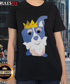 Alt Text: Cute king dog chewing bones on a cartoon ladies tee, perfect for dog lovers and fun casual wear.