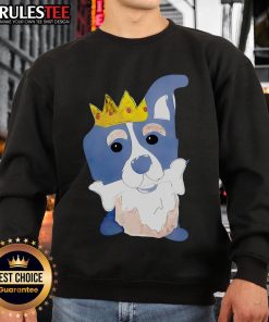 Alt Text: Cute king dog cartoon on a sweatshirt, joyfully chewing bones, perfect for dog lovers and cozy apparel.