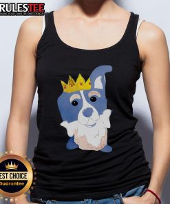 Cute king dog in a cartoon tank top happily chewing on bones, perfect for dog lovers and pet apparel enthusiasts.
