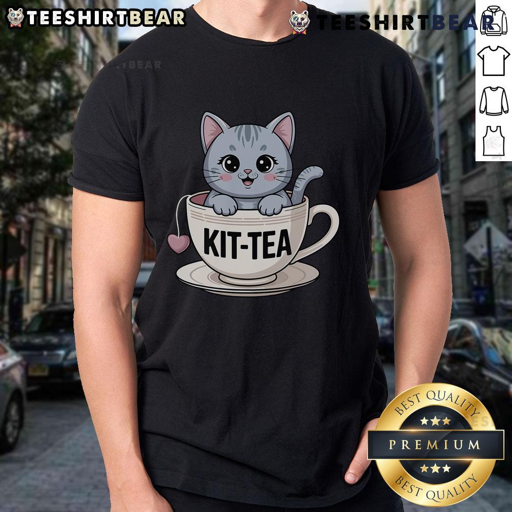Cute Kit Tea Cat Tea T Shirt Cute Kit-Tea Cat Tea T-Shirt featuring an adorable cat sipping tea, perfect for cat lovers and tea enthusiasts.