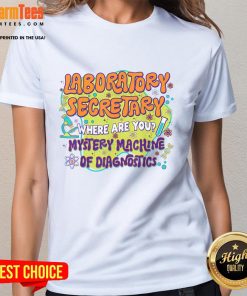 Cute laboratory secretary in a lab coat, showcasing a diagnostic machine during Lab Week, wearing a stylish ladies tee.