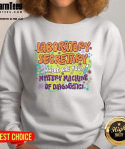 Cute laboratory secretary wearing a Lab Week sweatshirt featuring a mystery machine of diagnostics design.