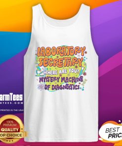 Cute laboratory secretary wearing a 'Lab Week' tank top, standing beside a mystery machine for diagnostics.