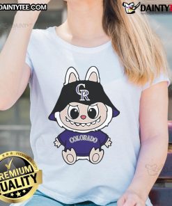 Cute Labubu Colorado Rockies ladies' tee featuring a stylish design and vibrant colors, perfect for Rockies fans.