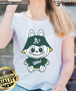 Alt Text: Cute Labubu Oakland Athletics Ladies Tee in vibrant green, perfect for fans to show team spirit and style.