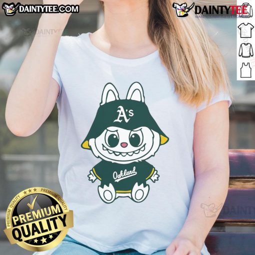 Alt Text: Cute Labubu Oakland Athletics Ladies Tee in vibrant green, perfect for fans to show team spirit and style.