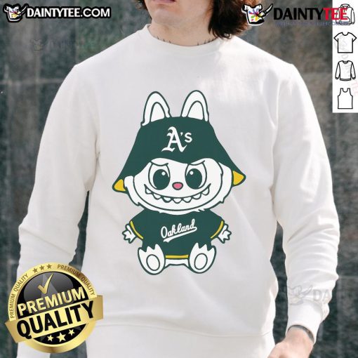 Alt Text: Cute Labubu Oakland Athletics sweatshirt featuring vibrant colors and a cozy design, perfect for fans and casual wear.
