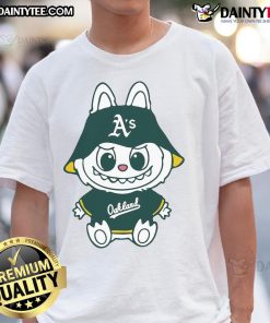 Alt Text: Cute Labubu Oakland Athletics T-Shirt featuring vibrant team colors and playful design, perfect for A's fans.