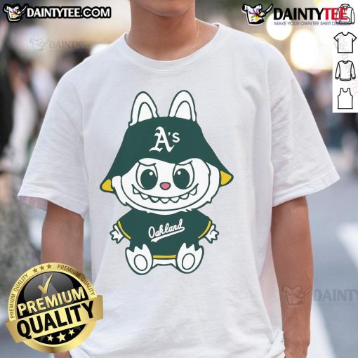 Alt Text: Cute Labubu Oakland Athletics T-Shirt featuring vibrant team colors and playful design, perfect for A's fans.