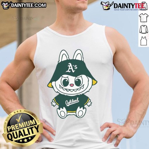 Alt Text: Cute Labubu Oakland Athletics tank top featuring vibrant team colors and playful design, perfect for fans.