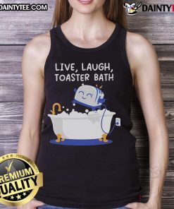 Cute Mandatory Fun Day Live Laugh Toaster Bath Tank Top featuring a playful toaster graphic and vibrant colors.